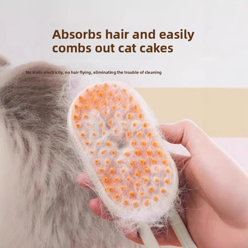Pet grooming brush with hair being removed, text about absorbing hair and combing out cat cakes.