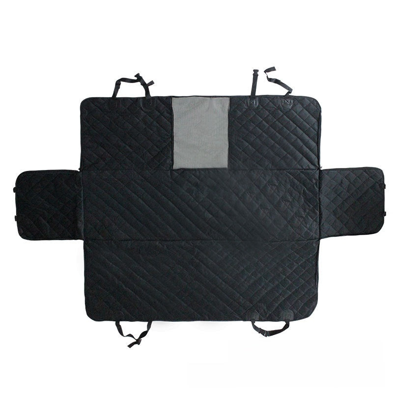 Black quilted car seat cover with gray interior on a white background