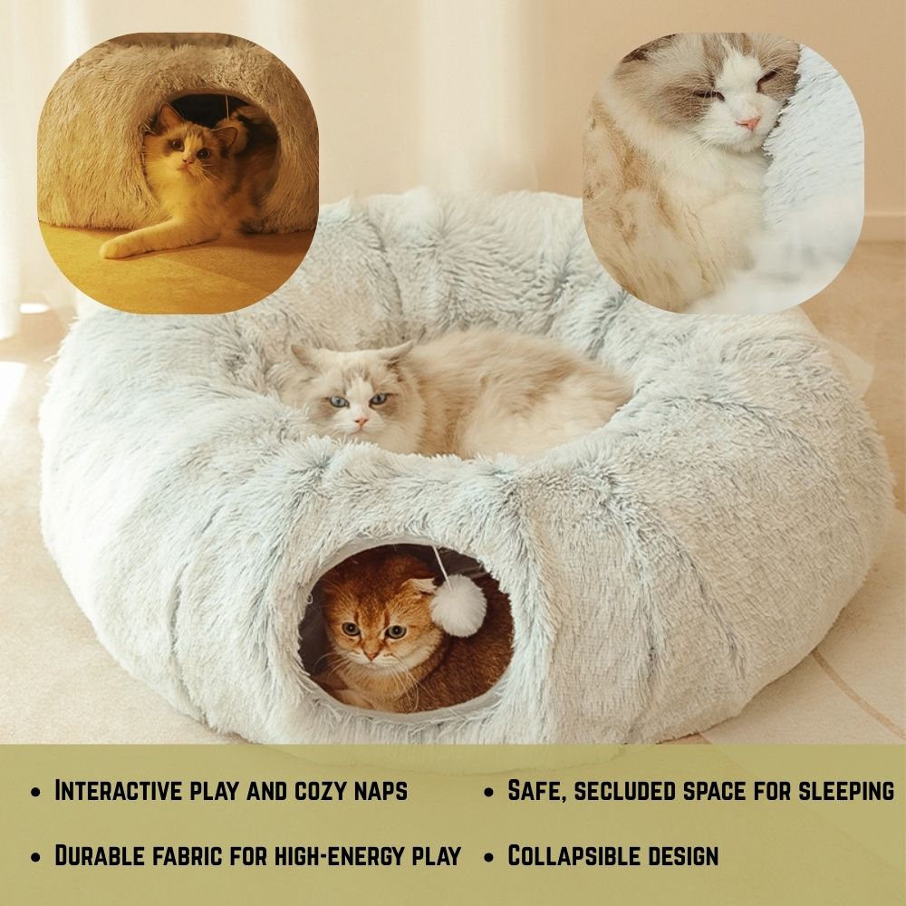 2-in-1 Foldable Cat Tunnel Bed – Plush Interactive Play & Sleep