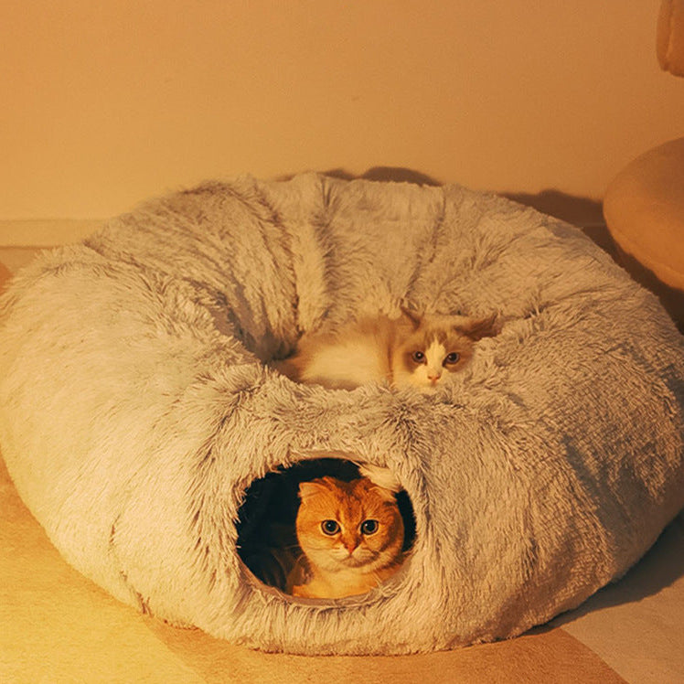 2-in-1 Foldable Cat Tunnel Bed – Plush Interactive Play & Sleep