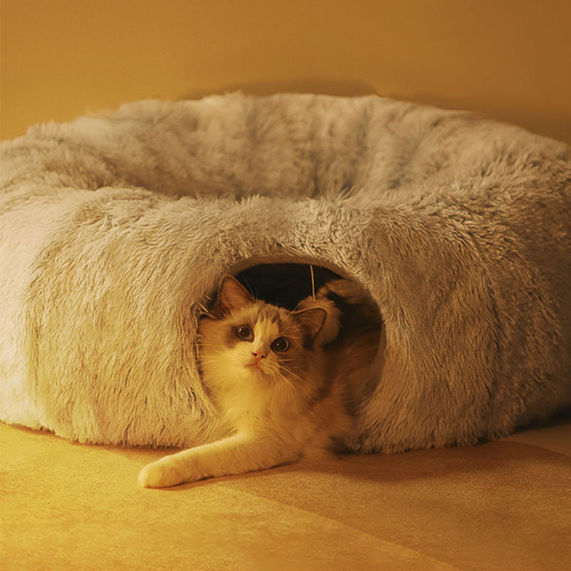 2-in-1 Foldable Cat Tunnel Bed – Plush Interactive Play & Sleep